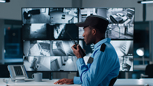 Un guardia de seguridad del campus observa una pantalla de videowall en la sala de control de un centro de operaciones de seguridad.
